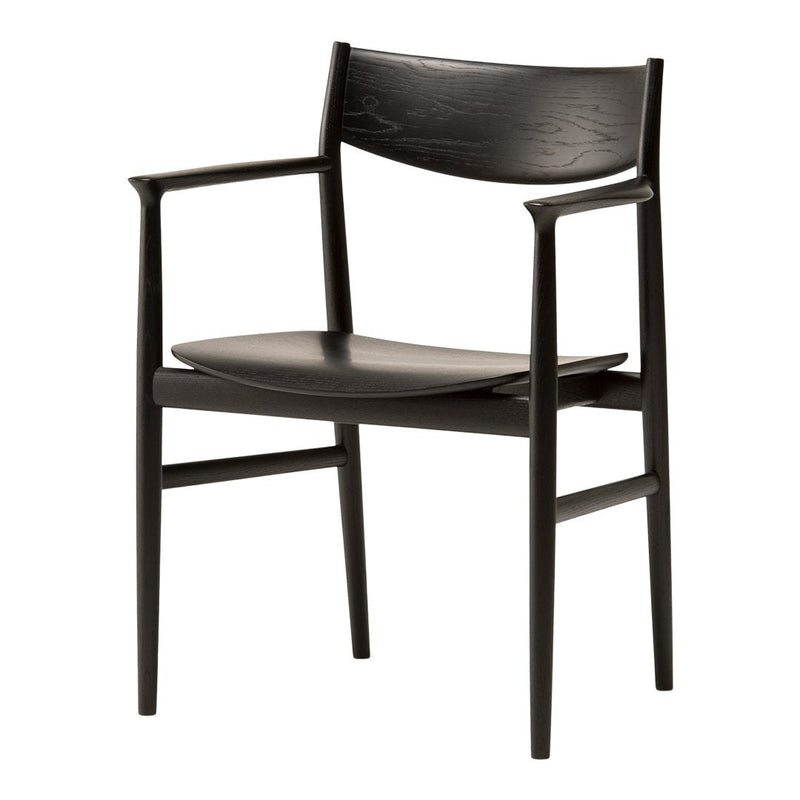 Black wooden chair with a minimalist design, featuring smooth surfaces and elegant lines. Ideal for modern decor.