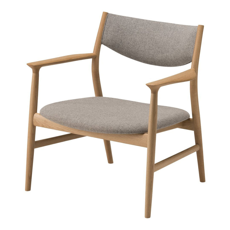 Wooden chair with light brown frame and soft grey upholstered seat and backrest. Minimalist design, no patterns.