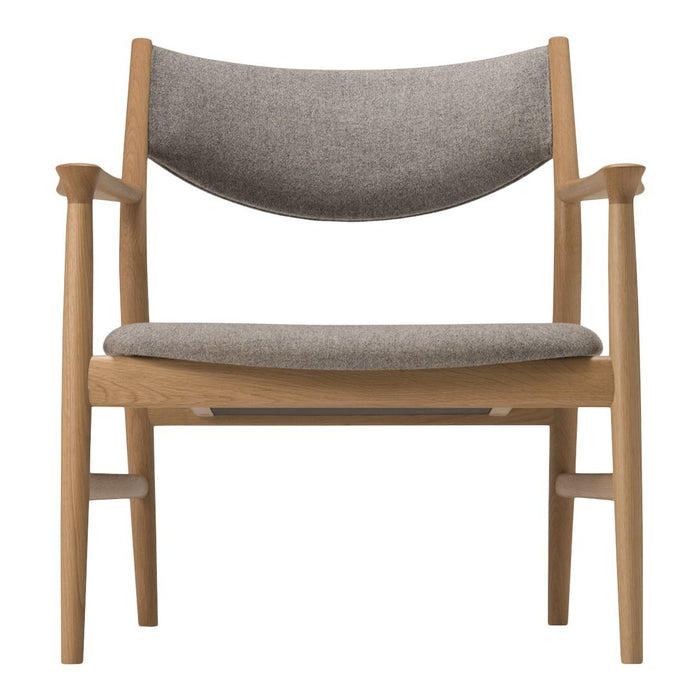 Modern wooden armchair with a sleek gray fabric seat and backrest, featuring clean lines and minimalist design.