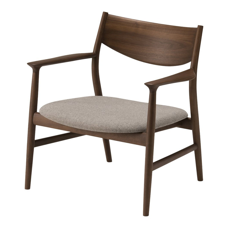 Stylish brown wooden chair with a light gray upholstered seat, combining modern and natural aesthetics.