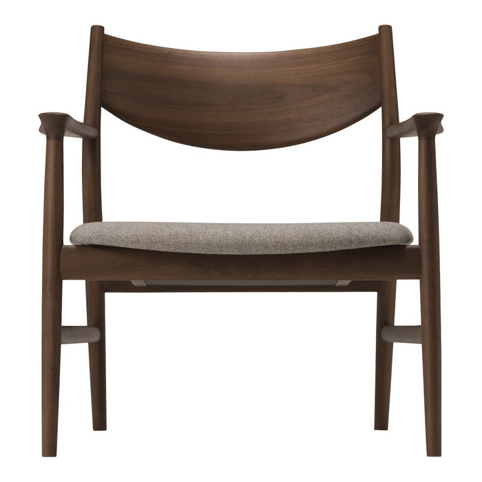 Walnut wood chair with a curved backrest and light gray fabric seat, featuring a minimalist design and elegant lines.