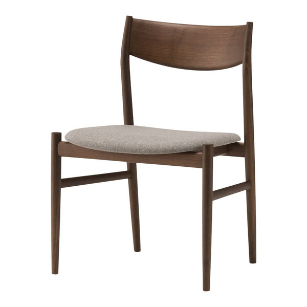 "Brown wooden chair with a light gray upholstered seat in a minimalist design."