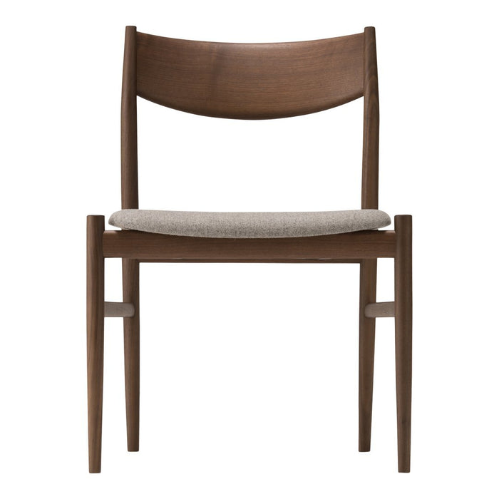Brown wooden chair with a sleek, minimalist design and a light gray fabric seat.