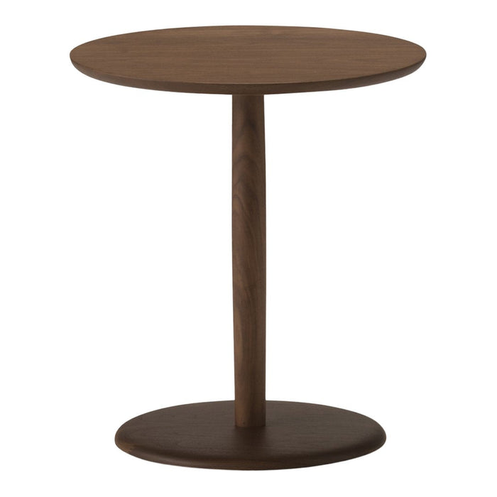 Round walnut table with a smooth finish and minimalist design, featuring a solid base and slender stem.
