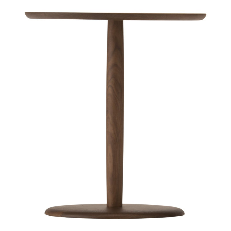 Wooden accent table in rich walnut finish with smooth, rounded edges and minimalistic design. Ideal for modern decor.