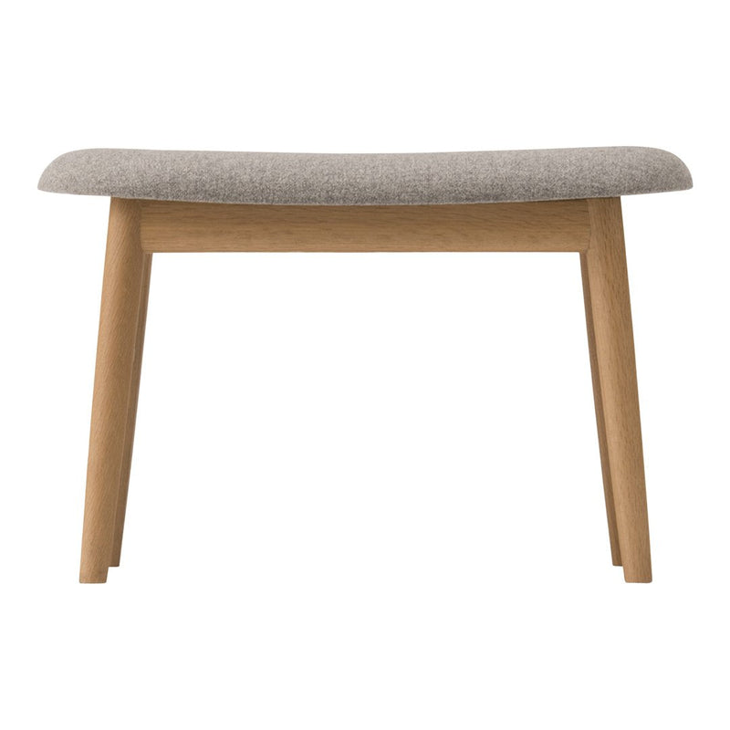 Light gray fabric seat with a smooth texture atop natural wood legs, creating a modern, minimalist design.