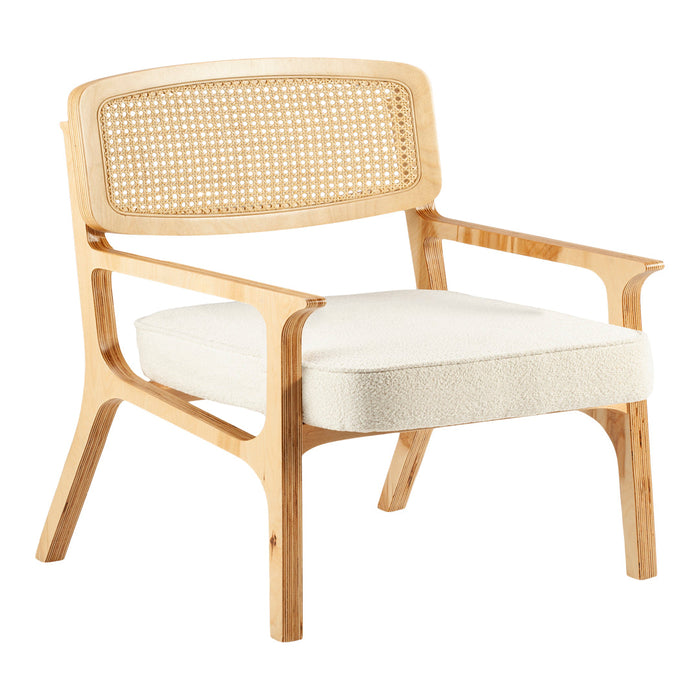 Light wood frame with natural cane back, featuring a soft, cream-colored upholstered seat. Modern and stylish design.