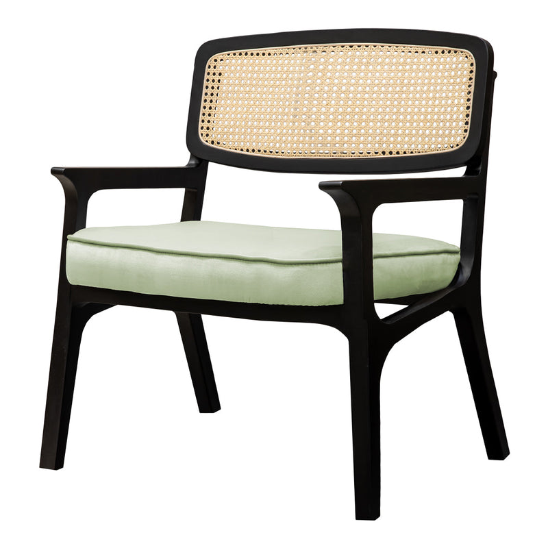 Green upholstered seat with natural wood and woven cane backrest, showcasing a modern and stylish design.