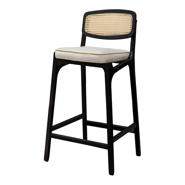 Black bar stool with a natural cane backrest and white cushion featuring a subtle gold trim. Elegant and modern design.