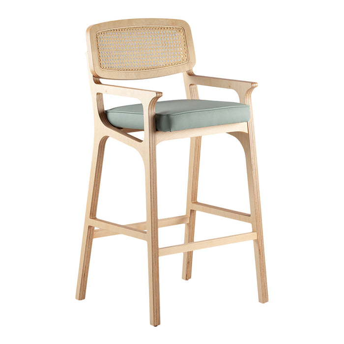 Light wooden bar stool with a woven back and soft mint green cushion. Elegant, modern design perfect for any space.