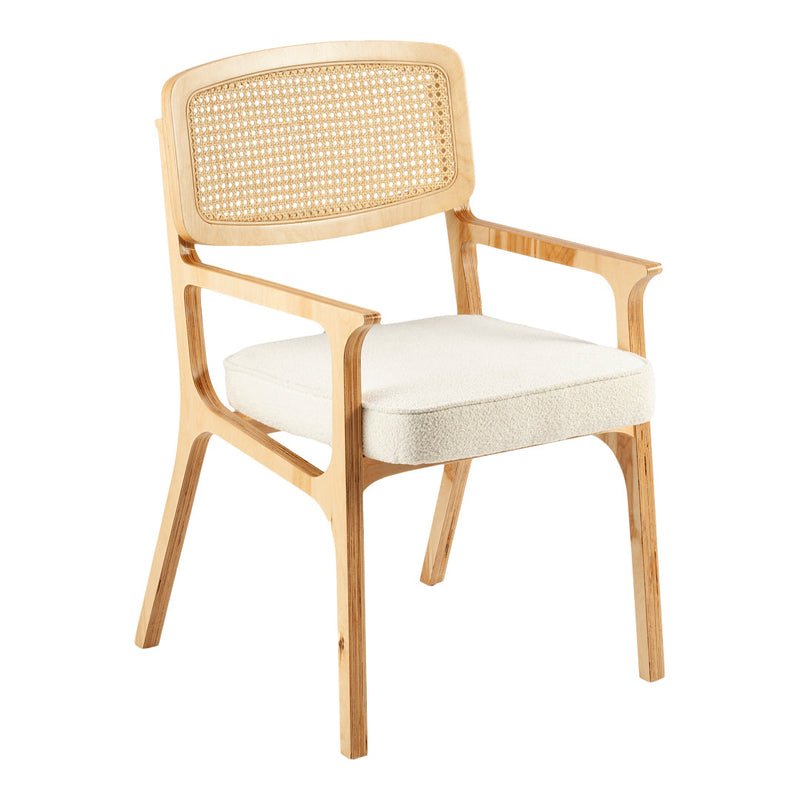 Light wood chair with natural rattan back and cream upholstery for a modern, airy look. Perfect for any decor.