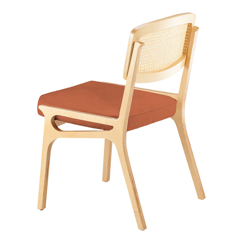 Modern wooden chair with a natural finish and rich terracotta upholstery. Elegant design featuring woven backrest.