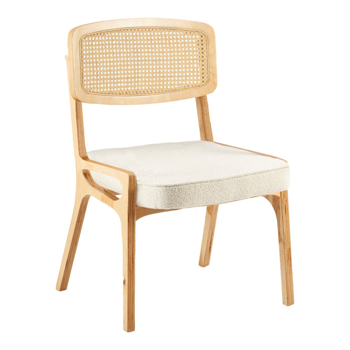 Natural wood frame with light beige upholstered seat and woven cane backrest. Stylish and modern design.