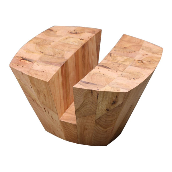 Natural wood grain with light brown tones, showcasing smooth, curved edges and a unique, geometric design.