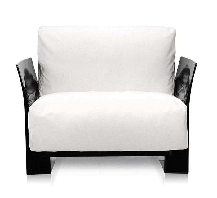 Modern black and white loveseat with sleek designs and plush cushions. Ideal for contemporary decor.