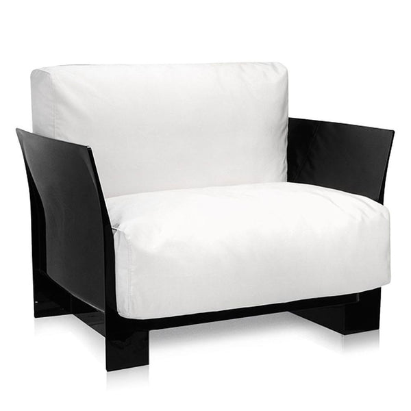 Modern armchair featuring a contrasting black frame and plush white upholstery, perfect for stylish interiors.