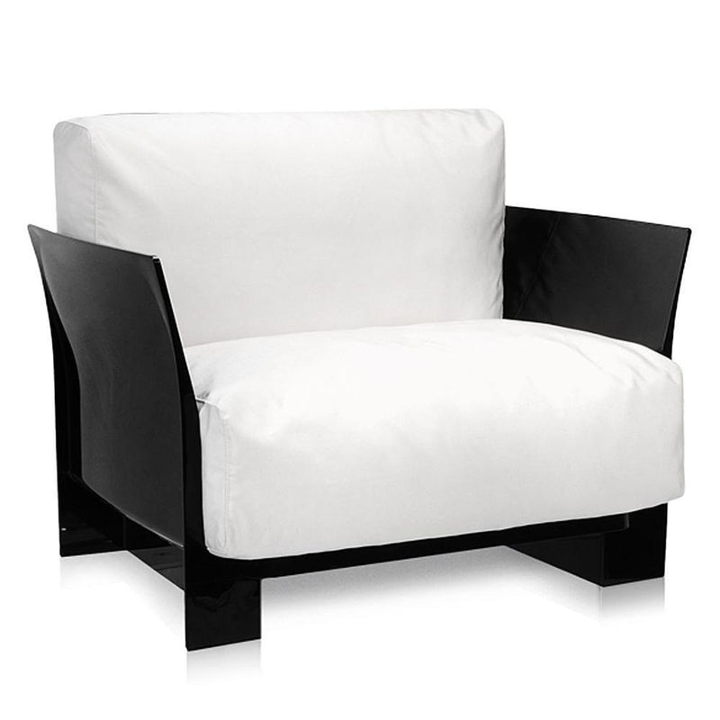 Modern armchair featuring a contrasting black frame and plush white upholstery, perfect for stylish interiors.