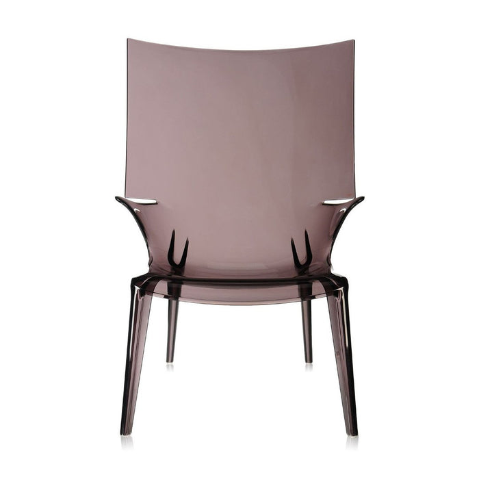 Transparent smoky purple chair with a sleek, modern design and smooth, minimalist lines. Perfect for contemporary decor.