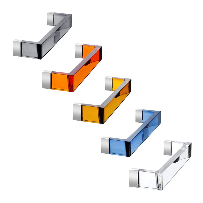 Colorful, modern glass magnets in clear, orange, yellow, blue, and gray patterns, perfect for stylish organization.