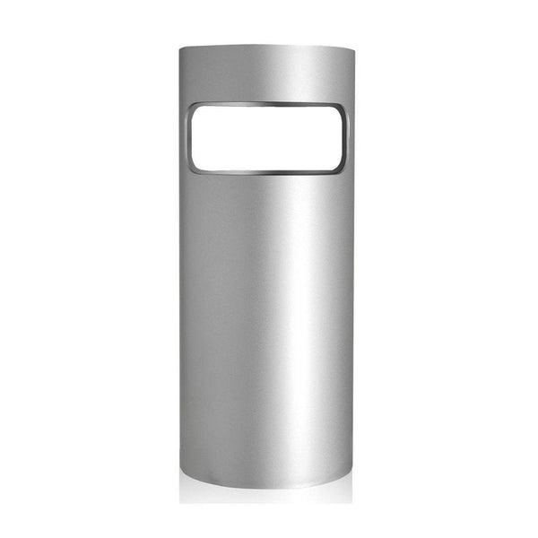 Sleek silver cylindrical trash can with a rectangular opening, featuring a smooth, modern finish.