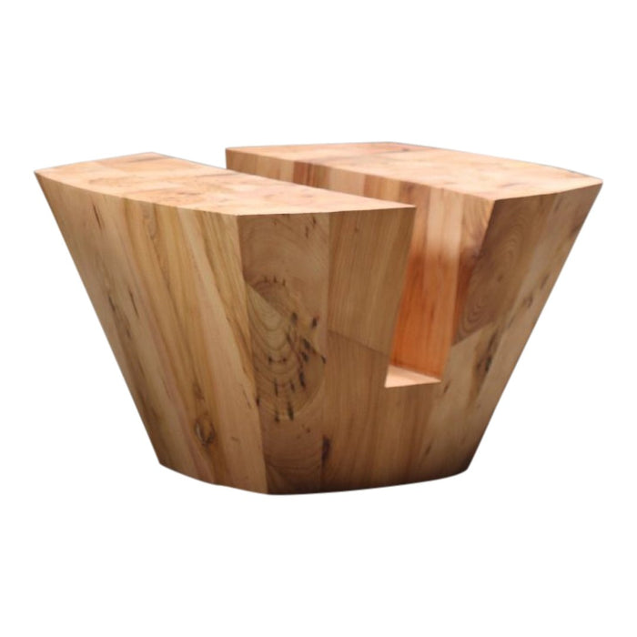 Natural wood table featuring a unique geometric design with warm honey and light brown tones.