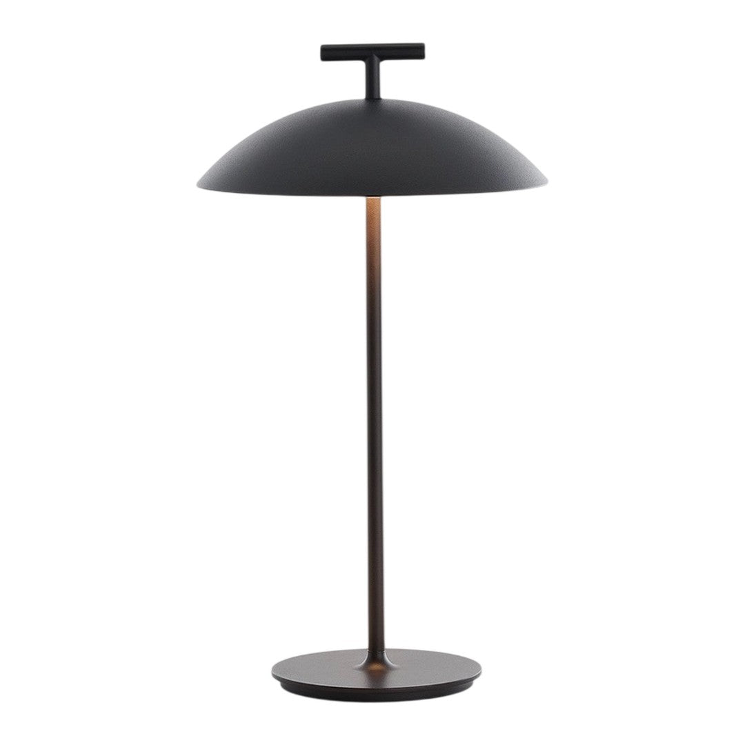 Black dome lamp with a sleek, minimalist design and a warm copper accent on the stem.