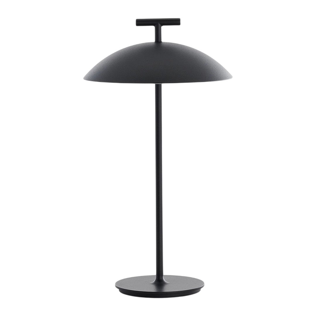 Sleek black metal table lamp with a dome shade and minimalist design, perfect for modern decor.