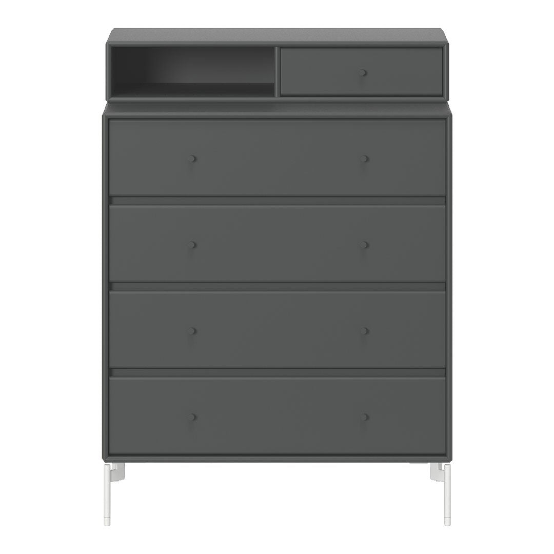 Gray chest of drawers with sleek lines and minimalist design, featuring four drawers and a top shelf.