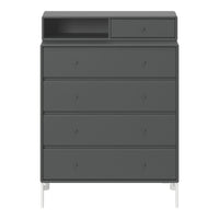 Gray chest of drawers with sleek lines and minimalist design, featuring four drawers and a top shelf.