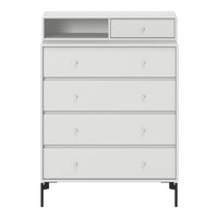 White modern dresser with clean lines and minimalistic design; features sleek black legs and simple knob handles.