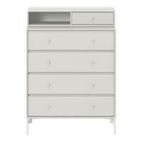 Light gray dresser with smooth finish, featuring modern minimalistic design and sleek drawer knobs.