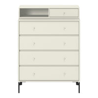 Cream-colored dresser with a smooth surface and minimalist design, featuring four drawers and a small open shelf.