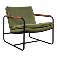 Olive green upholstery with a smooth texture and sleek black metal frame, featuring warm wooden armrests.