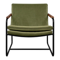Olive green upholstery with smooth texture and black metal frame, accented by natural wood armrests.