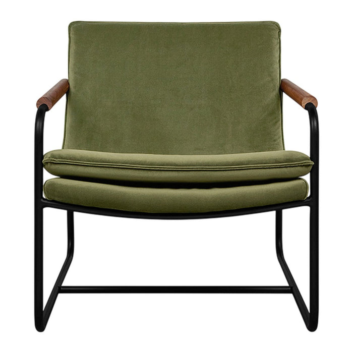 Olive green upholstery with smooth texture and black metal frame, accented by natural wood armrests.