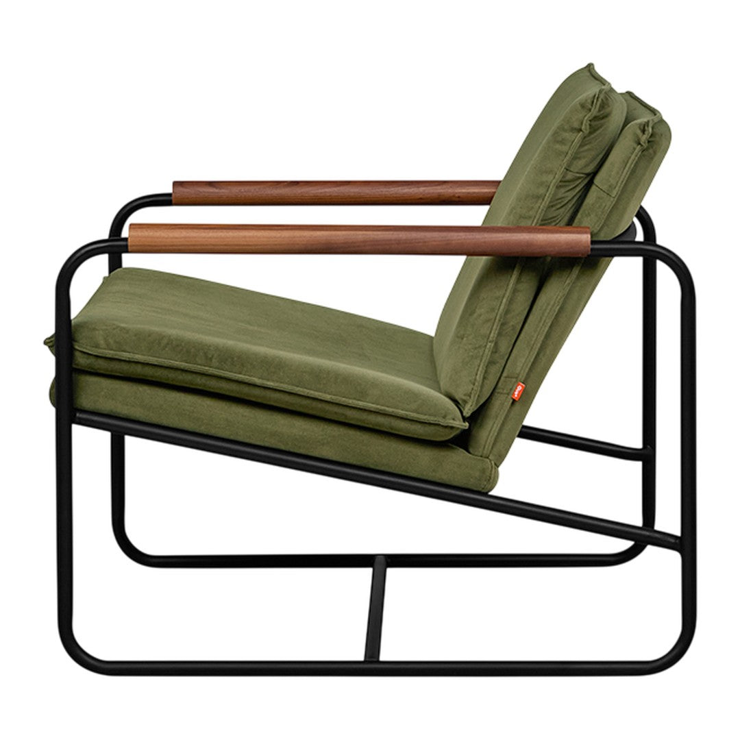 Olive green cushioned chair with sleek black metal frame and wooden armrests, emphasizing modern style and comfort.