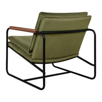 Olive green upholstered chair with a sleek black metal frame and wooden armrests, showcasing a modern minimalist design.