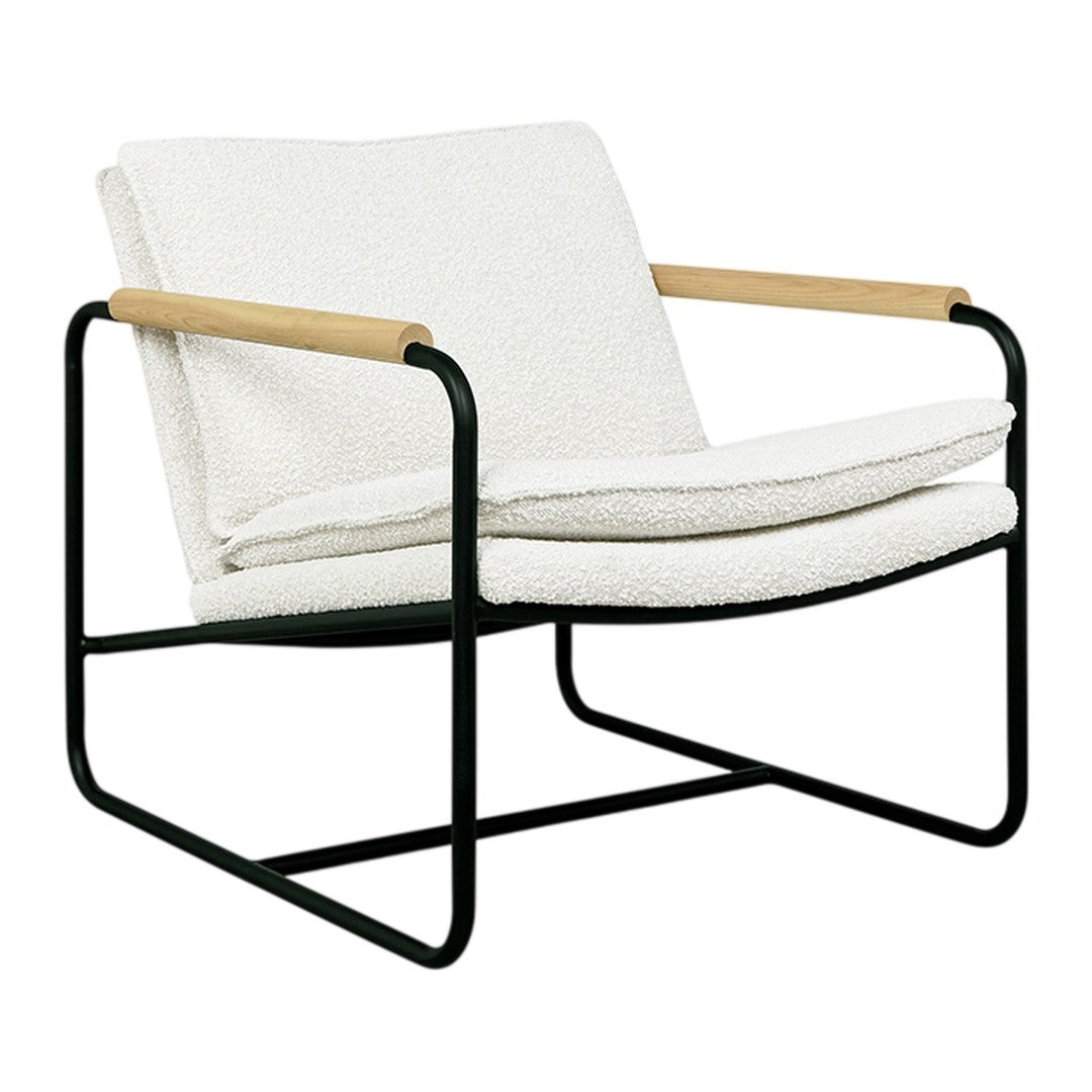 Modern white lounge chair with a plush texture and black metal frame, featuring wood accents for a stylish contrast.