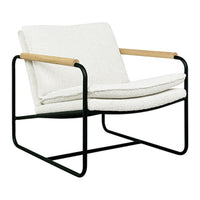 Modern white lounge chair with a plush texture and black metal frame, featuring wood accents for a stylish contrast.