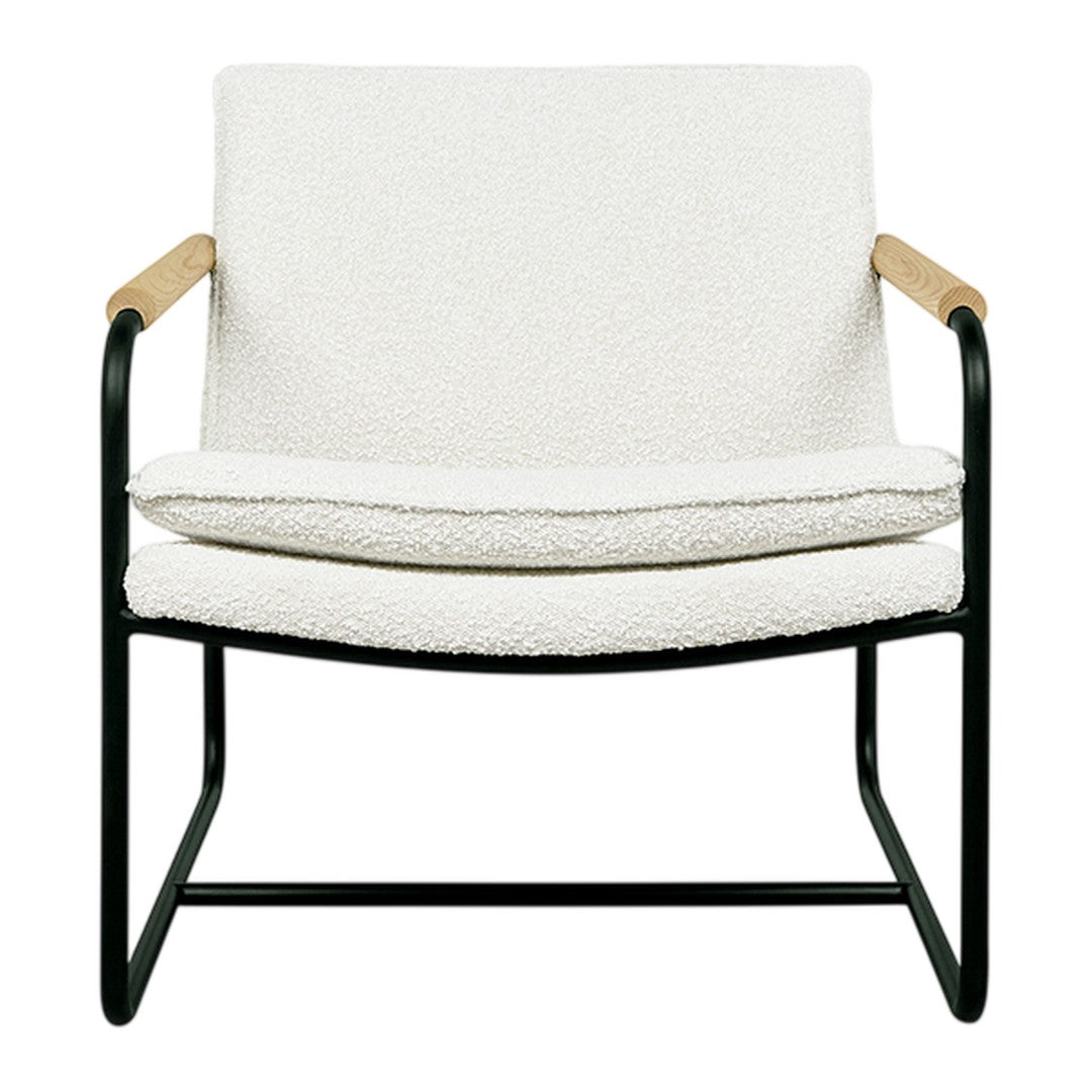 White upholstered chair with a soft texture, black metal frame, and natural wood accents. Perfect for modern décor.