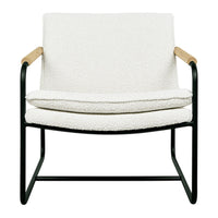 White upholstered chair with a soft texture, black metal frame, and natural wood accents. Perfect for modern décor.