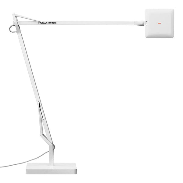 White modern desk lamp with a sleek design and minimalistic finish. Straight lines and smooth surfaces.