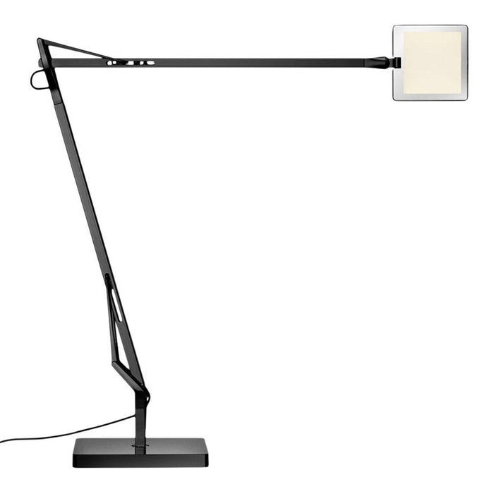 Modern black desk lamp with a minimalistic design and a square white light panel. Sleek and stylish for any workspace.