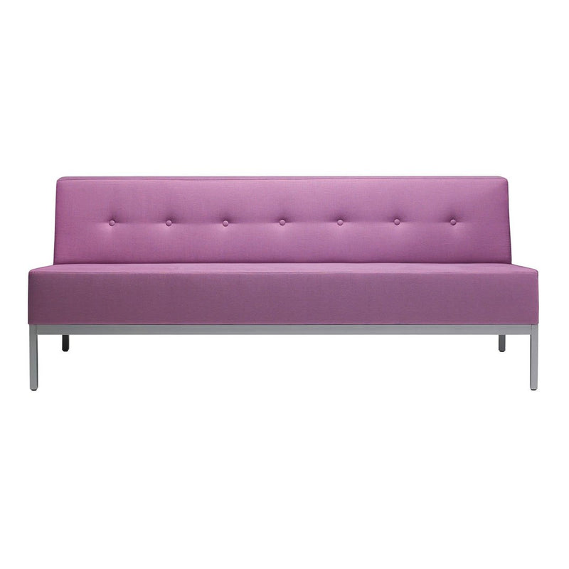 Pink upholstered sofa with a smooth texture and button detailing on a sleek metal frame. Perfect for modern decor.