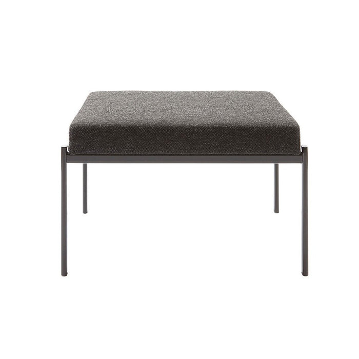 Gray upholstered ottoman with a minimalist black metal frame, featuring a subtle textured pattern.