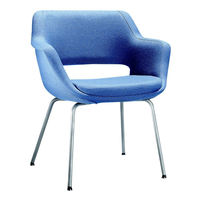 Light blue upholstered chair with a smooth, modern design and sleek silver legs. Perfect for contemporary decor.