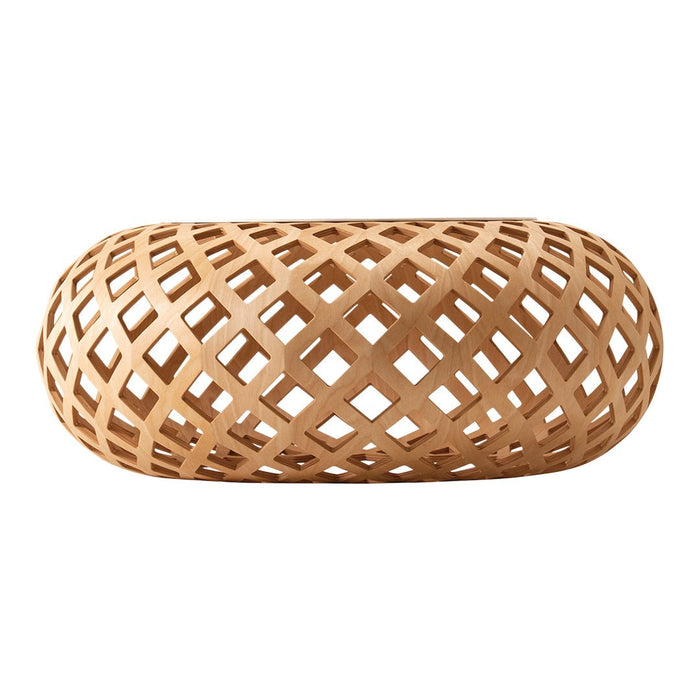 Natural wooden basket with a woven lattice pattern in warm beige tones, enhancing organic decor.