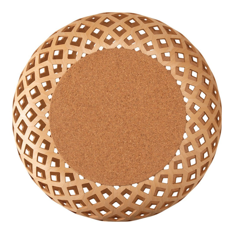 Round decorative piece featuring a woven lattice pattern in natural wood tones and a central cork area.