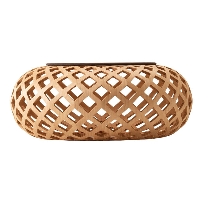 Natural wood basket with an intricate crisscross pattern in warm, light brown tones. Ideal for stylish storage.