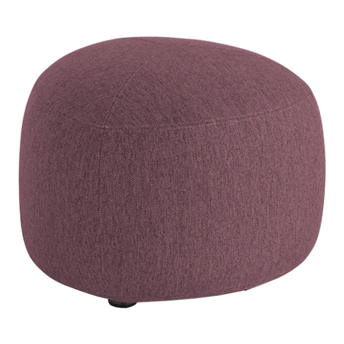 Plum-colored round ottoman with a textured fabric pattern, perfect for modern home decor.